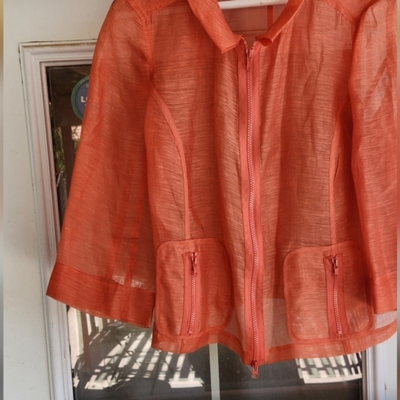 Per Se Orange coral Sheer Silk Structured textured linear Jacket Zip‎ Up - Picture 2 of 4